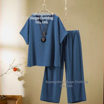 2025 Ευρωπαϊκό και Αμερικανικό Διασυνοριακό Νέο Γυναικείο Καλοκαιρινό Μονόχρωμο Μπλούζα με Στρογγυλό Λαιμόκοψη και Φαρδιά Παντελόνια για Καθημερινά Ρούχα 2