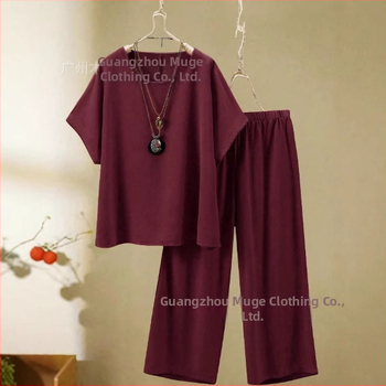 2025 Ευρωπαϊκό και Αμερικανικό Διασυνοριακό Νέο Γυναικείο Καλοκαιρινό Μονόχρωμο Μπλούζα με Στρογγυλό Λαιμόκοψη και Φαρδιά Παντελόνια για Καθημερινά Ρούχα 2