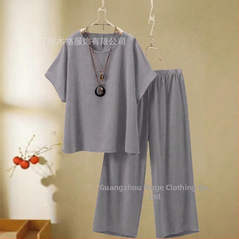 2025 Ευρωπαϊκό και Αμερικανικό Διασυνοριακό Νέο Γυναικείο Καλοκαιρινό Μονόχρωμο Μπλούζα με Στρογγυλό Λαιμόκοψη και Φαρδιά Παντελόνια για Καθημερινά Ρούχα 2