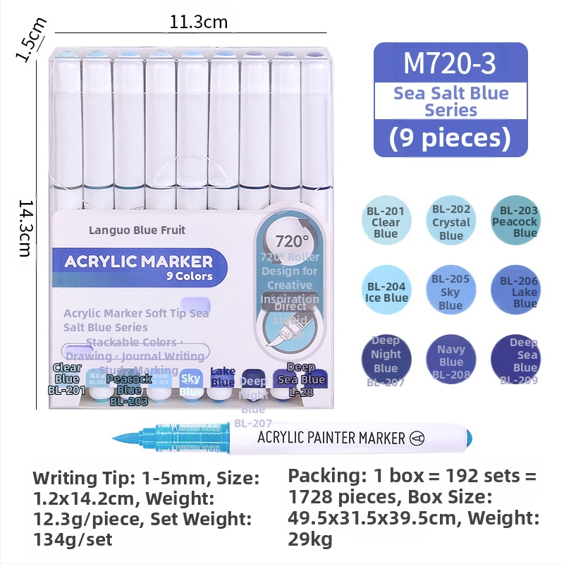 „Blue Fruit M720 Direct Liquid“ minkštos galvutės akrilinis žymeklis, 81 spalvos, nepralaidus popierinis dailės teptukas pradinių klasių mokiniams