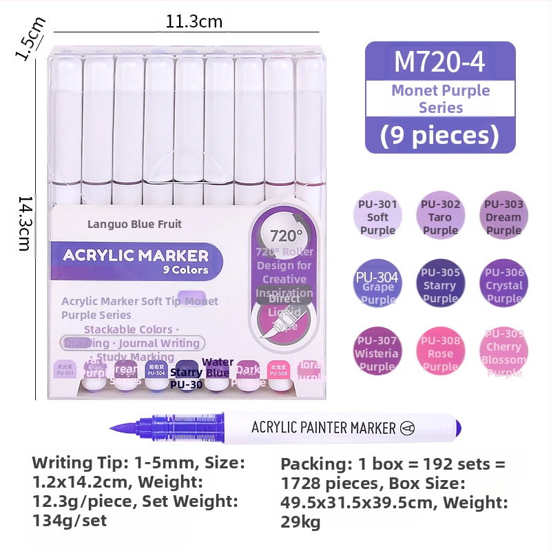 „Blue Fruit M720 Direct Liquid“ minkštos galvutės akrilinis žymeklis, 81 spalvos, nepralaidus popierinis dailės teptukas pradinių klasių mokiniams