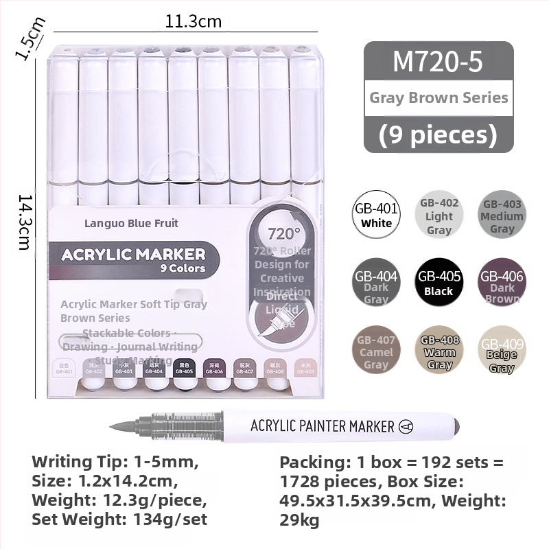 „Blue Fruit M720 Direct Liquid“ minkštos galvutės akrilinis žymeklis, 81 spalvos, nepralaidus popierinis dailės teptukas pradinių klasių mokiniams