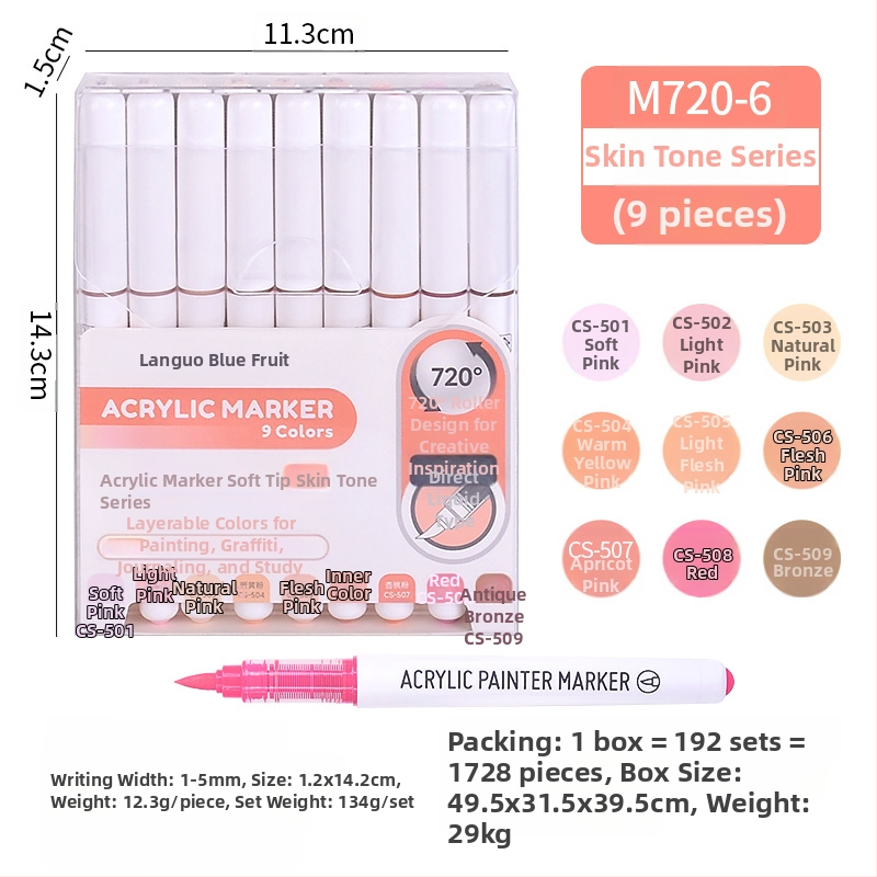 „Blue Fruit M720 Direct Liquid“ minkštos galvutės akrilinis žymeklis, 81 spalvos, nepralaidus popierinis dailės teptukas pradinių klasių mokiniams