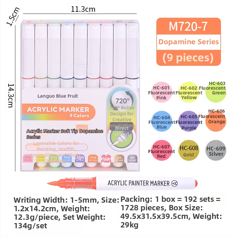 „Blue Fruit M720 Direct Liquid“ minkštos galvutės akrilinis žymeklis, 81 spalvos, nepralaidus popierinis dailės teptukas pradinių klasių mokiniams