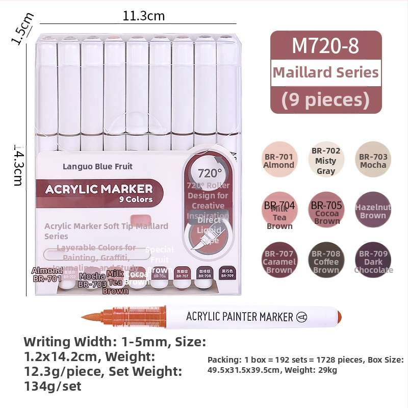 „Blue Fruit M720 Direct Liquid“ minkštos galvutės akrilinis žymeklis, 81 spalvos, nepralaidus popierinis dailės teptukas pradinių klasių mokiniams