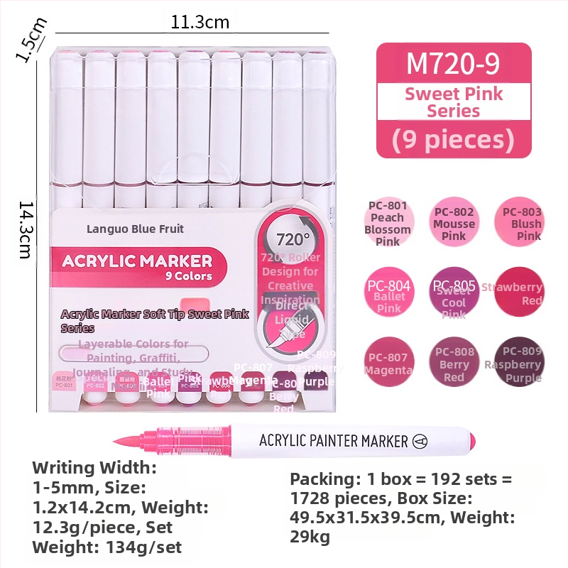 „Blue Fruit M720 Direct Liquid“ minkštos galvutės akrilinis žymeklis, 81 spalvos, nepralaidus popierinis dailės teptukas pradinių klasių mokiniams