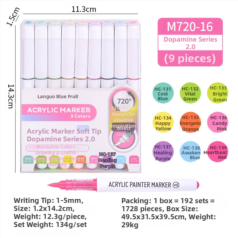 „Blue Fruit M720 Direct Liquid“ minkštos galvutės akrilinis žymeklis, 81 spalvos, nepralaidus popierinis dailės teptukas pradinių klasių mokiniams