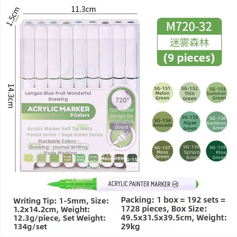 „Blue Fruit M720 Direct Liquid“ minkštos galvutės akrilinis žymeklis, 81 spalvos, nepralaidus popierinis dailės teptukas pradinių klasių mokiniams