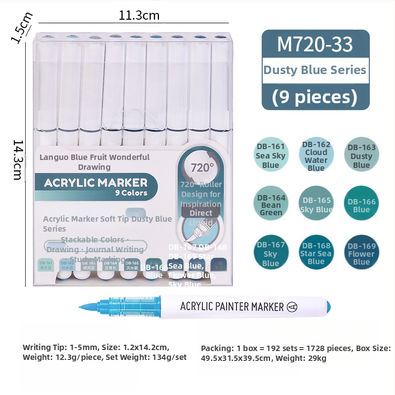 „Blue Fruit M720 Direct Liquid“ minkštos galvutės akrilinis žymeklis, 81 spalvos, nepralaidus popierinis dailės teptukas pradinių klasių mokiniams