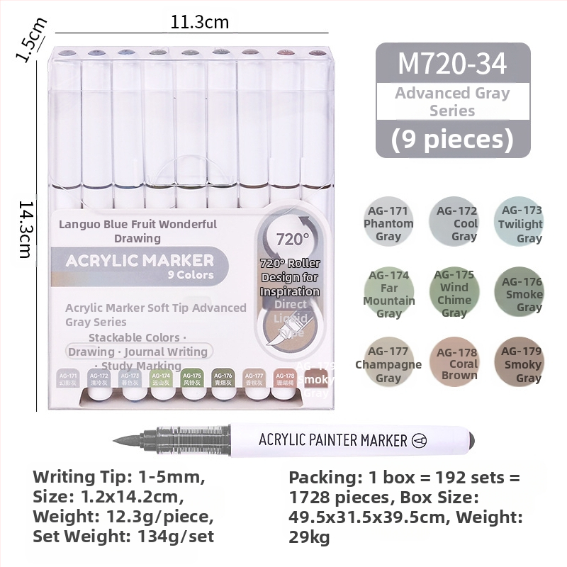 „Blue Fruit M720 Direct Liquid“ minkštos galvutės akrilinis žymeklis, 81 spalvos, nepralaidus popierinis dailės teptukas pradinių klasių mokiniams