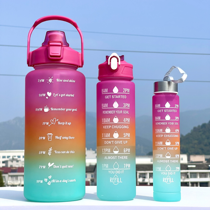 Set od tri čaša, plastična čaša za vodu s gradijentnim bojama, sportska boca za vodu, poklopac koji se otvara, šalica u duginim bojama, prijenosna, nepropusna