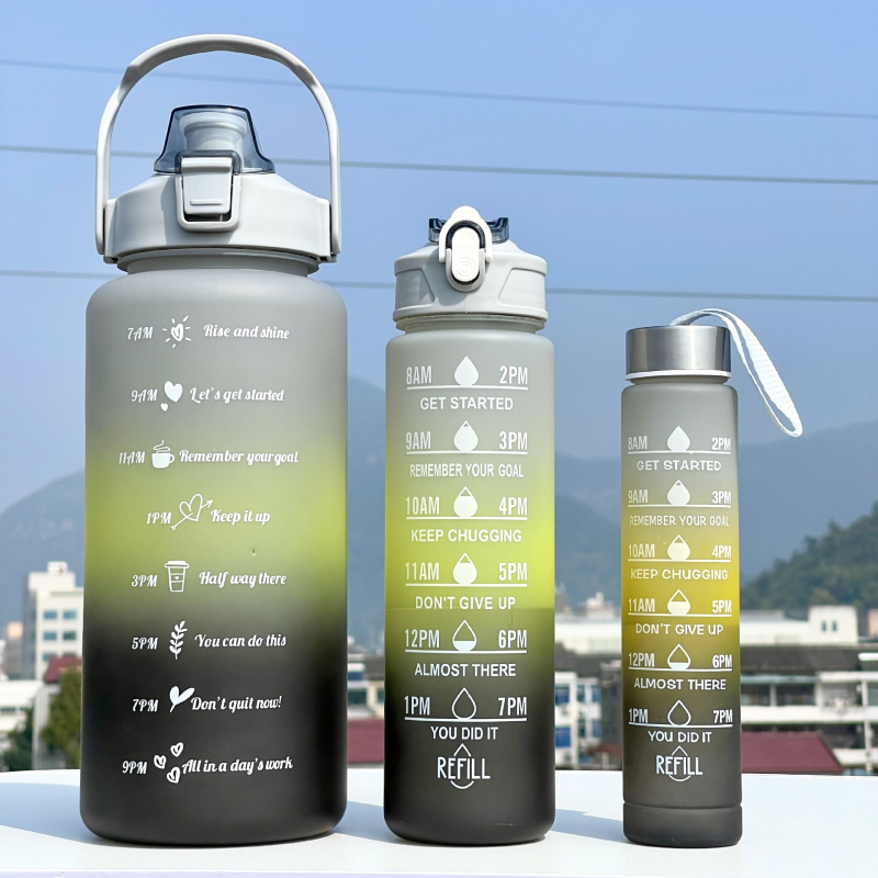 Set od tri čaša, plastična čaša za vodu s gradijentnim bojama, sportska boca za vodu, poklopac koji se otvara, šalica u duginim bojama, prijenosna, nepropusna