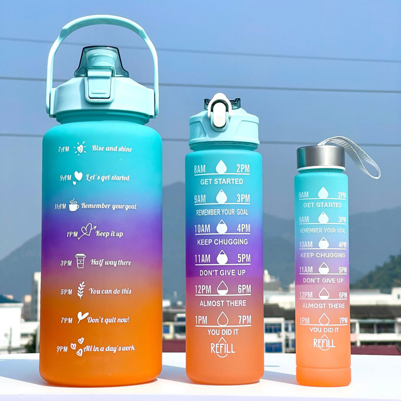 Set od tri čaša, plastična čaša za vodu s gradijentnim bojama, sportska boca za vodu, poklopac koji se otvara, šalica u duginim bojama, prijenosna, nepropusna