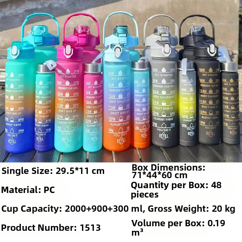 Set od tri čaša, plastična čaša za vodu s gradijentnim bojama, sportska boca za vodu, poklopac koji se otvara, šalica u duginim bojama, prijenosna, nepropusna