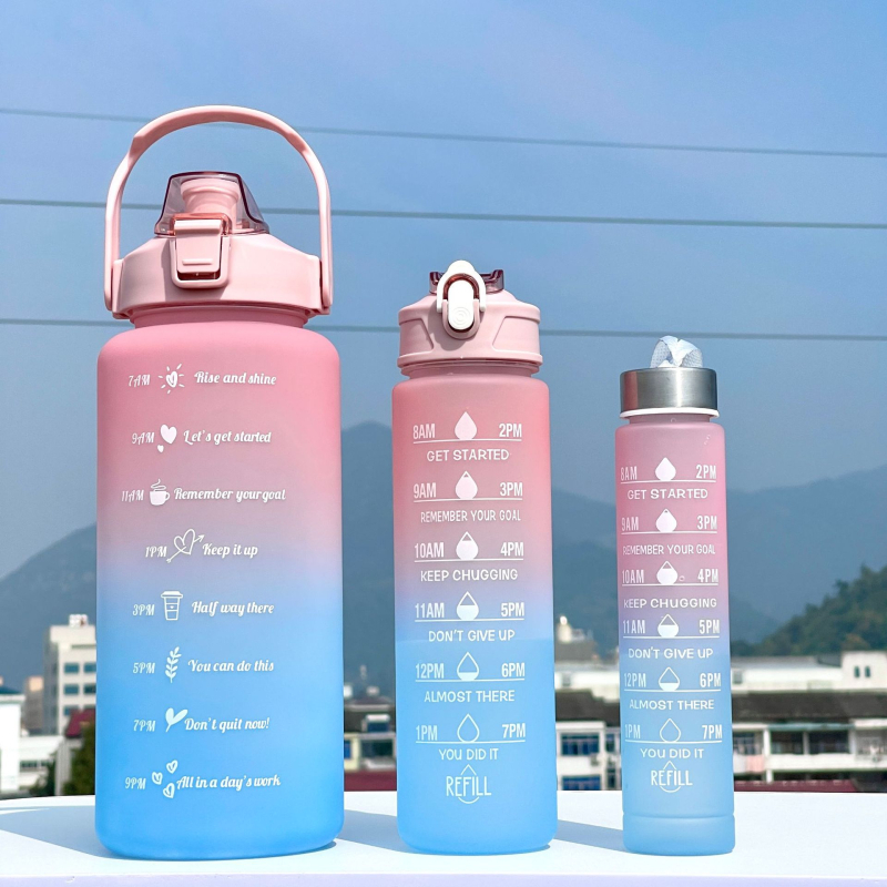 Set od tri čaša, plastična čaša za vodu s gradijentnim bojama, sportska boca za vodu, poklopac koji se otvara, šalica u duginim bojama, prijenosna, nepropusna