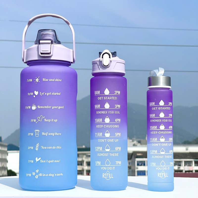 Set od tri čaša, plastična čaša za vodu s gradijentnim bojama, sportska boca za vodu, poklopac koji se otvara, šalica u duginim bojama, prijenosna, nepropusna