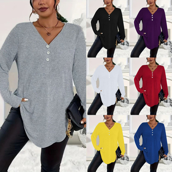 2025. aasta Euroopa ja Ameerika sügise ja talve elegantsed pluss-suuruses naiste Amazoni väliskaubanduse piiriülesed puhta värvi nööpidega pikkade varrukatega topid