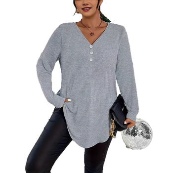 2025. aasta Euroopa ja Ameerika sügise ja talve elegantsed pluss-suuruses naiste Amazoni väliskaubanduse piiriülesed puhta värvi nööpidega pikkade varrukatega topid