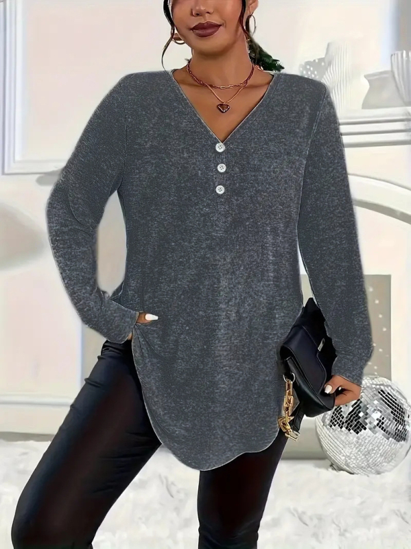 2025. aasta Euroopa ja Ameerika sügise ja talve elegantsed pluss-suuruses naiste Amazoni väliskaubanduse piiriülesed puhta värvi nööpidega pikkade varrukatega topid