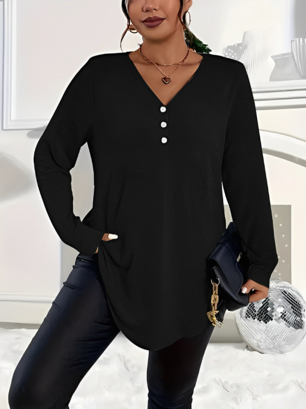 2025. aasta Euroopa ja Ameerika sügise ja talve elegantsed pluss-suuruses naiste Amazoni väliskaubanduse piiriülesed puhta värvi nööpidega pikkade varrukatega topid