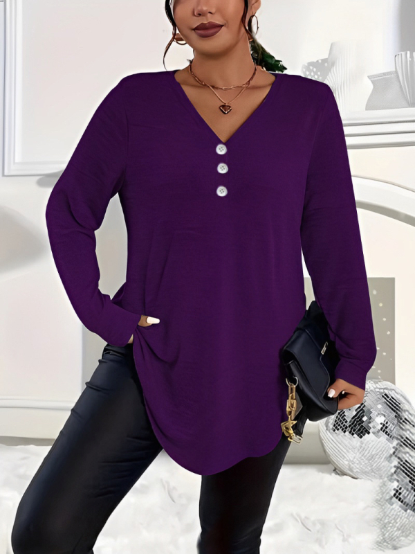 2025. aasta Euroopa ja Ameerika sügise ja talve elegantsed pluss-suuruses naiste Amazoni väliskaubanduse piiriülesed puhta värvi nööpidega pikkade varrukatega topid