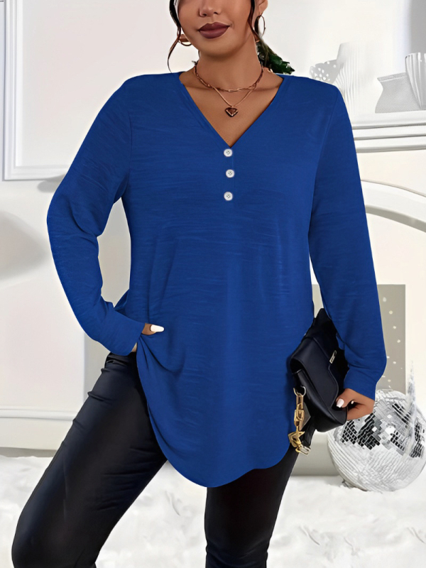 2025. aasta Euroopa ja Ameerika sügise ja talve elegantsed pluss-suuruses naiste Amazoni väliskaubanduse piiriülesed puhta värvi nööpidega pikkade varrukatega topid