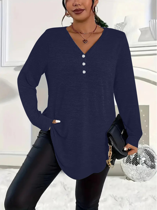 2025. aasta Euroopa ja Ameerika sügise ja talve elegantsed pluss-suuruses naiste Amazoni väliskaubanduse piiriülesed puhta värvi nööpidega pikkade varrukatega topid