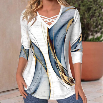 Διασυνοριακό Aliexpress Καλοκαιρινό Νέο Μεγάλο Μέγεθος με V-Neck T-shirt με Μάρμαρο και Στάμπα Street Fashion με Μακρυμάνικο T-shirt Top