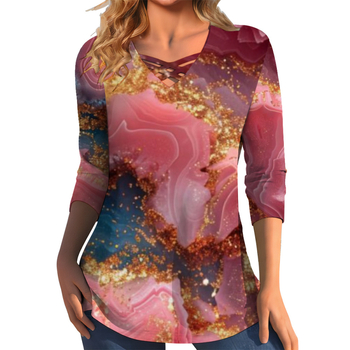 Διασυνοριακό Aliexpress Καλοκαιρινό Νέο Μεγάλο Μέγεθος με V-Neck T-shirt με Μάρμαρο και Στάμπα Street Fashion με Μακρυμάνικο T-shirt Top