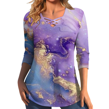 Διασυνοριακό Aliexpress Καλοκαιρινό Νέο Μεγάλο Μέγεθος με V-Neck T-shirt με Μάρμαρο και Στάμπα Street Fashion με Μακρυμάνικο T-shirt Top