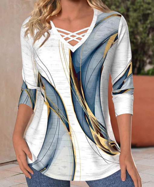 Διασυνοριακό Aliexpress Καλοκαιρινό Νέο Μεγάλο Μέγεθος με V-Neck T-shirt με Μάρμαρο και Στάμπα Street Fashion με Μακρυμάνικο T-shirt Top