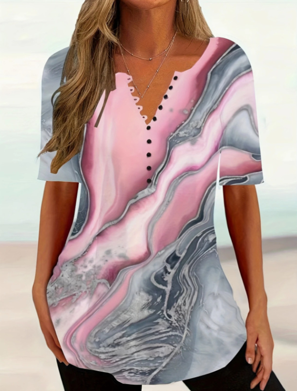 Διασυνοριακό Aliexpress Καλοκαιρινό Νέο Μεγάλο Μέγεθος με V-Neck T-shirt με Μάρμαρο και Στάμπα Street Fashion με Μακρυμάνικο T-shirt Top