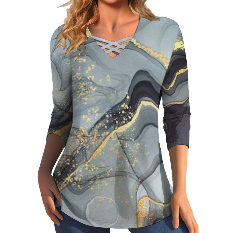 Διασυνοριακό Aliexpress Καλοκαιρινό Νέο Μεγάλο Μέγεθος με V-Neck T-shirt με Μάρμαρο και Στάμπα Street Fashion με Μακρυμάνικο T-shirt Top