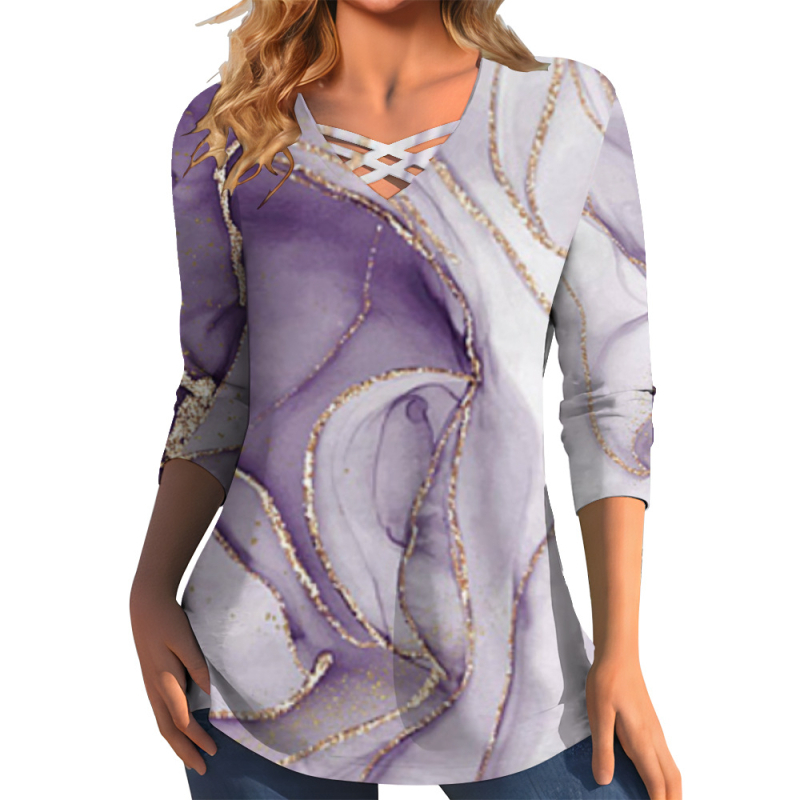 Διασυνοριακό Aliexpress Καλοκαιρινό Νέο Μεγάλο Μέγεθος με V-Neck T-shirt με Μάρμαρο και Στάμπα Street Fashion με Μακρυμάνικο T-shirt Top