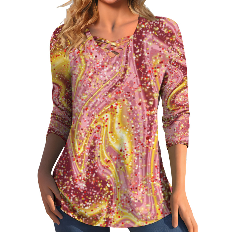 Διασυνοριακό Aliexpress Καλοκαιρινό Νέο Μεγάλο Μέγεθος με V-Neck T-shirt με Μάρμαρο και Στάμπα Street Fashion με Μακρυμάνικο T-shirt Top