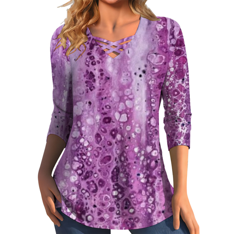 Διασυνοριακό Aliexpress Καλοκαιρινό Νέο Μεγάλο Μέγεθος με V-Neck T-shirt με Μάρμαρο και Στάμπα Street Fashion με Μακρυμάνικο T-shirt Top