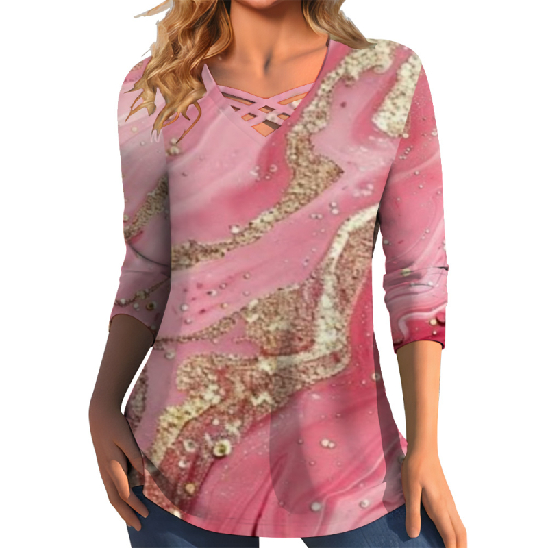 Διασυνοριακό Aliexpress Καλοκαιρινό Νέο Μεγάλο Μέγεθος με V-Neck T-shirt με Μάρμαρο και Στάμπα Street Fashion με Μακρυμάνικο T-shirt Top