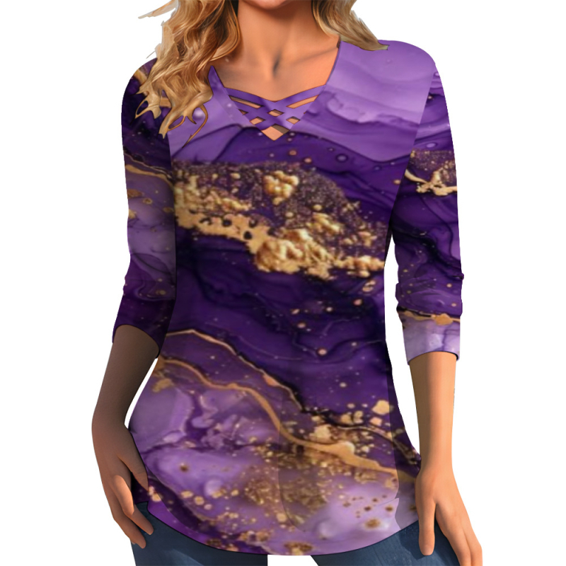 Διασυνοριακό Aliexpress Καλοκαιρινό Νέο Μεγάλο Μέγεθος με V-Neck T-shirt με Μάρμαρο και Στάμπα Street Fashion με Μακρυμάνικο T-shirt Top