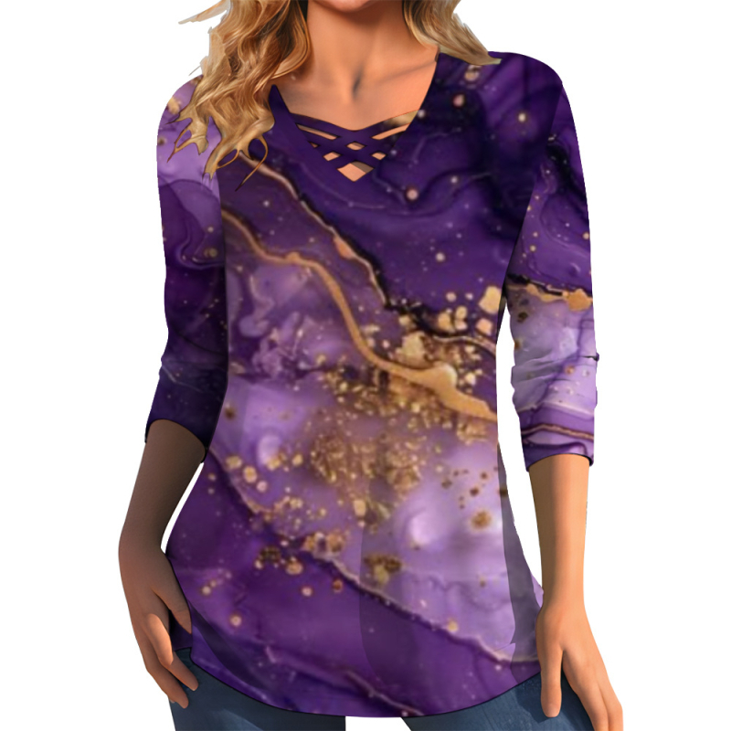 Διασυνοριακό Aliexpress Καλοκαιρινό Νέο Μεγάλο Μέγεθος με V-Neck T-shirt με Μάρμαρο και Στάμπα Street Fashion με Μακρυμάνικο T-shirt Top