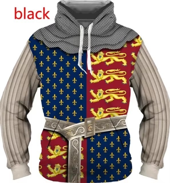 2024 Moda bărbaților imprimare digitală 3D poartă uniformă cămașă stil învechit cavaler armură model glugă transfrontalieră
