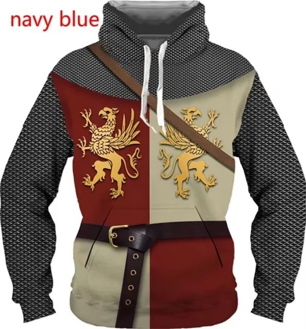 2024 Moda bărbaților imprimare digitală 3D poartă uniformă cămașă stil învechit cavaler armură model glugă transfrontalieră