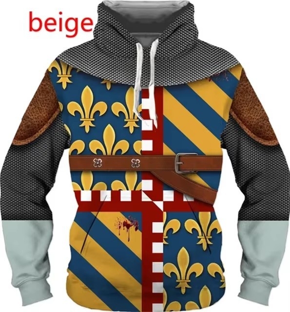 2024 Moda bărbaților imprimare digitală 3D poartă uniformă cămașă stil învechit cavaler armură model glugă transfrontalieră
