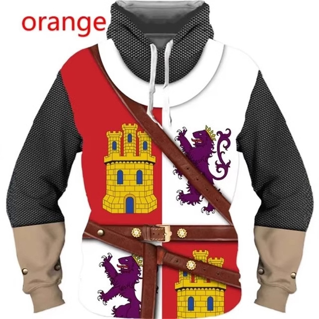 2024 Moda bărbaților imprimare digitală 3D poartă uniformă cămașă stil învechit cavaler armură model glugă transfrontalieră