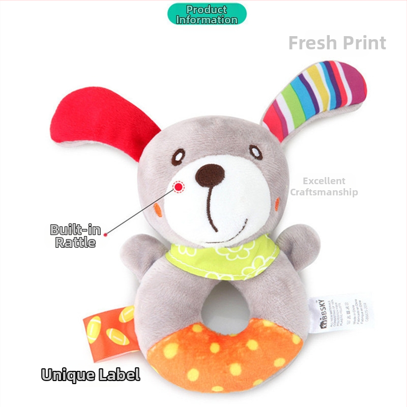 Bbsky Сладка анимационна ръчна дрънкалка с животни Кръгла бебешка ръчна дрънкалка Плюшена играчка за сензорно обучение
