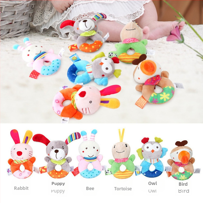Bbsky Сладка анимационна ръчна дрънкалка с животни Кръгла бебешка ръчна дрънкалка Плюшена играчка за сензорно обучение