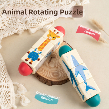 Bērnu koka dzīvnieku rotējošas puzles trīsdimensiju celtniecības klucīši bērnudārzam mazuļa roku un acu koordinācijas apmācībai, izglītojošas rotaļlietas