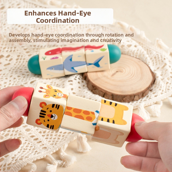 Bērnu koka dzīvnieku rotējošas puzles trīsdimensiju celtniecības klucīši bērnudārzam mazuļa roku un acu koordinācijas apmācībai, izglītojošas rotaļlietas