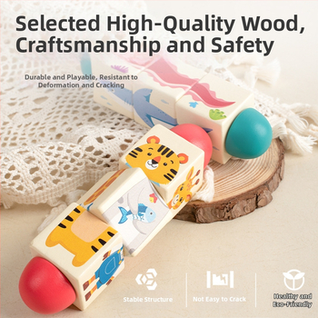 Bērnu koka dzīvnieku rotējošas puzles trīsdimensiju celtniecības klucīši bērnudārzam mazuļa roku un acu koordinācijas apmācībai, izglītojošas rotaļlietas