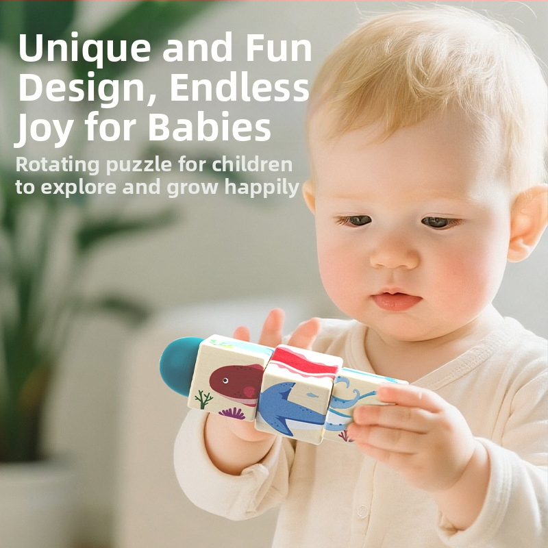 Bērnu koka dzīvnieku rotējošas puzles trīsdimensiju celtniecības klucīši bērnudārzam mazuļa roku un acu koordinācijas apmācībai, izglītojošas rotaļlietas