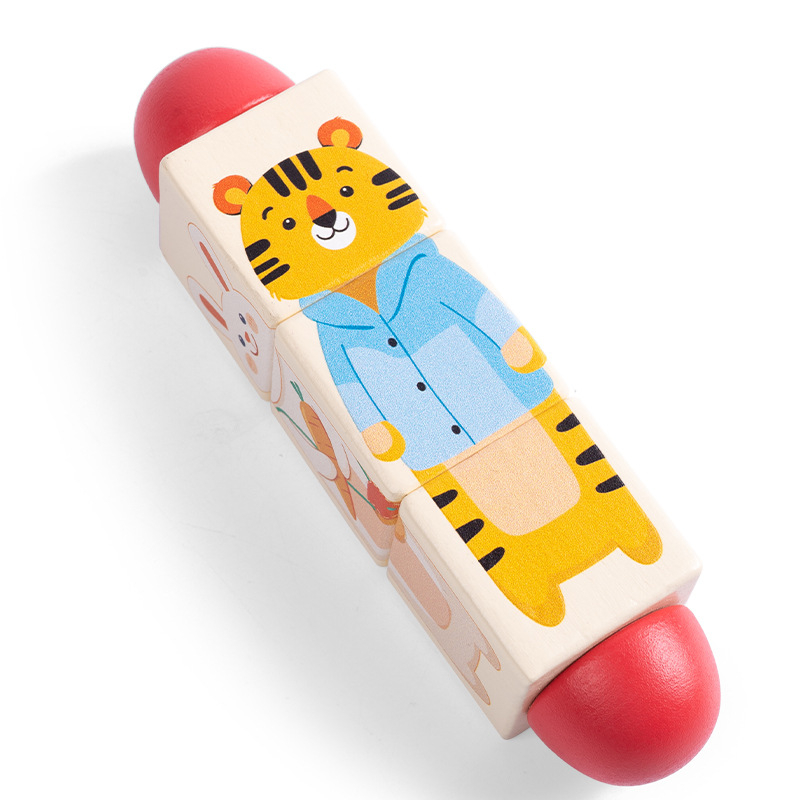 Bērnu koka dzīvnieku rotējošas puzles trīsdimensiju celtniecības klucīši bērnudārzam mazuļa roku un acu koordinācijas apmācībai, izglītojošas rotaļlietas